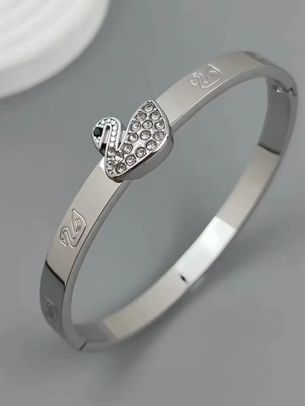 Crystal Swan Silver-Tone Bangle Bracelet